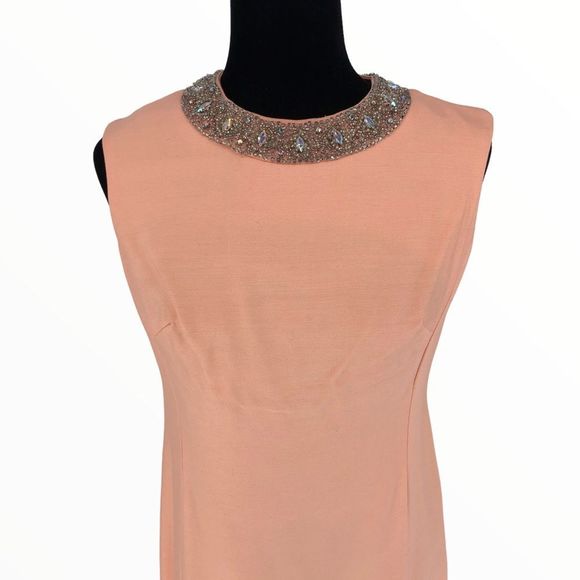 60’s Vintage 2 Piece Peach Sleeveless Rhinestone Beaded Collar Dress and Jacket - Picture 3 of 15